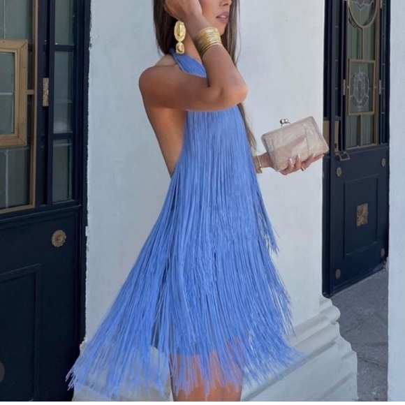 ZARA Blue Fringe Halter Mini Dress NWT - Picture 14 of 15